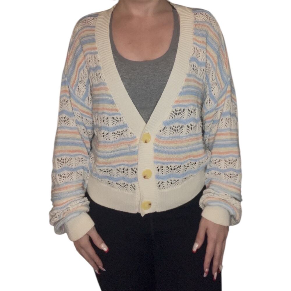 Pastel‎ Crochet Knit Cardigan Cropped Open Weave Button Front Cottagecore Sz L
